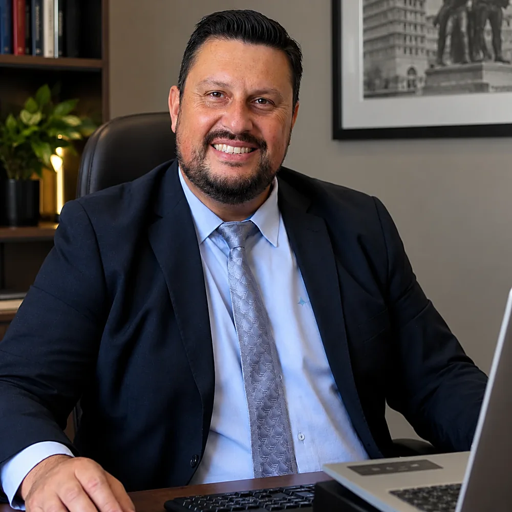 Dr. Willian Ágape Vieira, advogado, de terno escuro e gravata prateada, sorrindo à mesa de trabalho